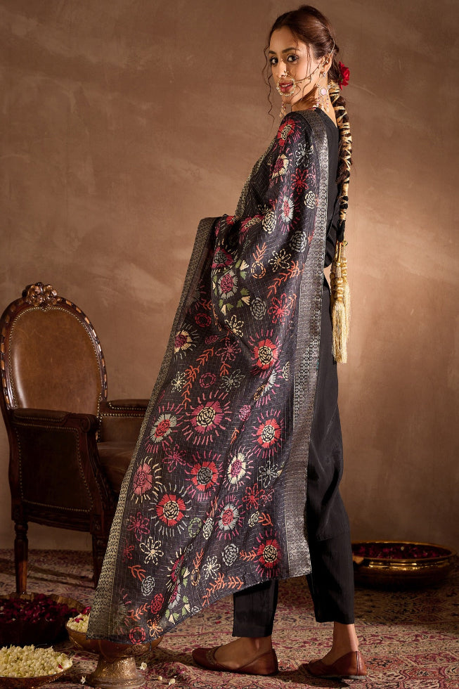 Black Embroidered Straight Kurta Trousers With Dupatta Set