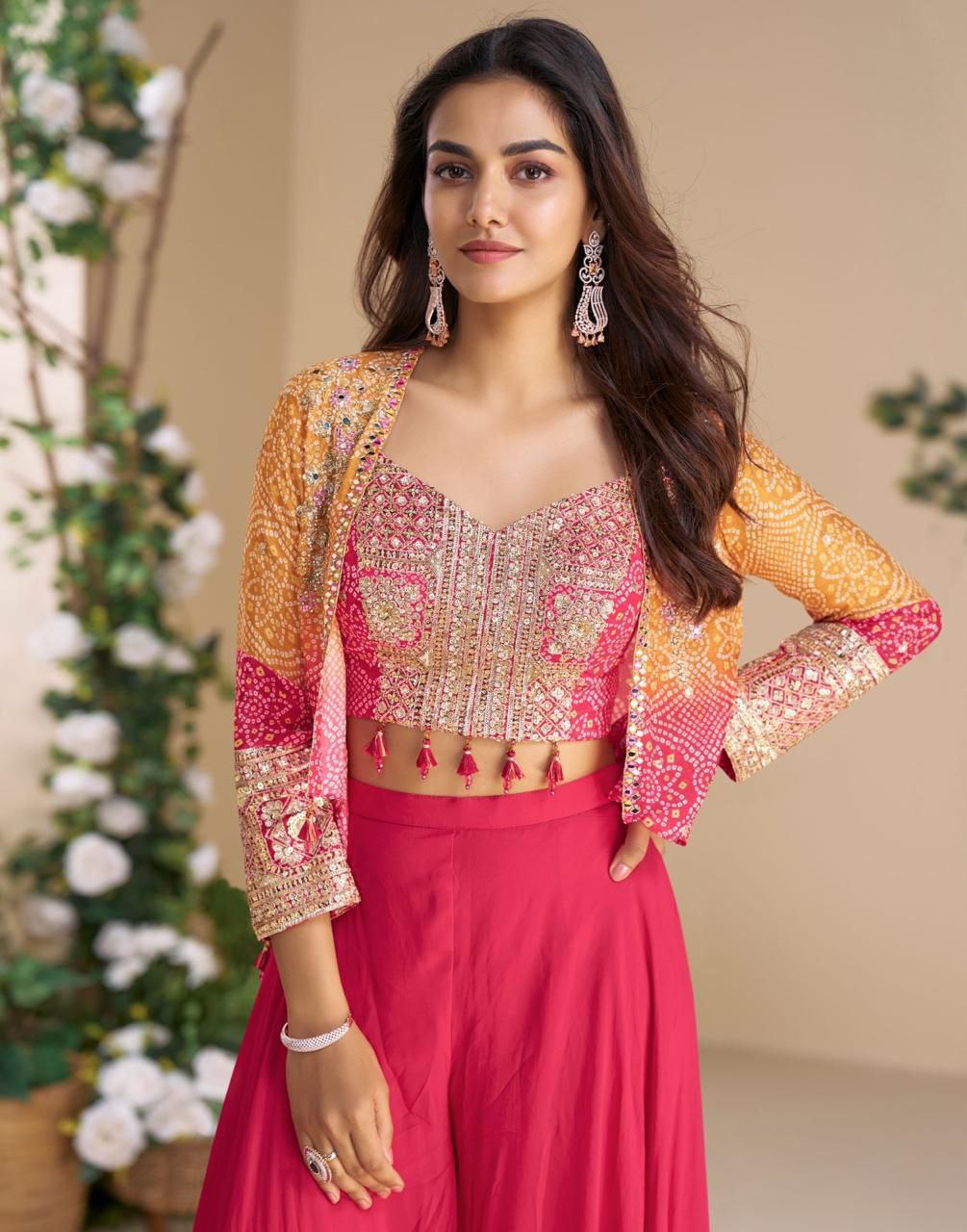 Heavy Embroidered Chinon Silk Readymade Sarara Suit