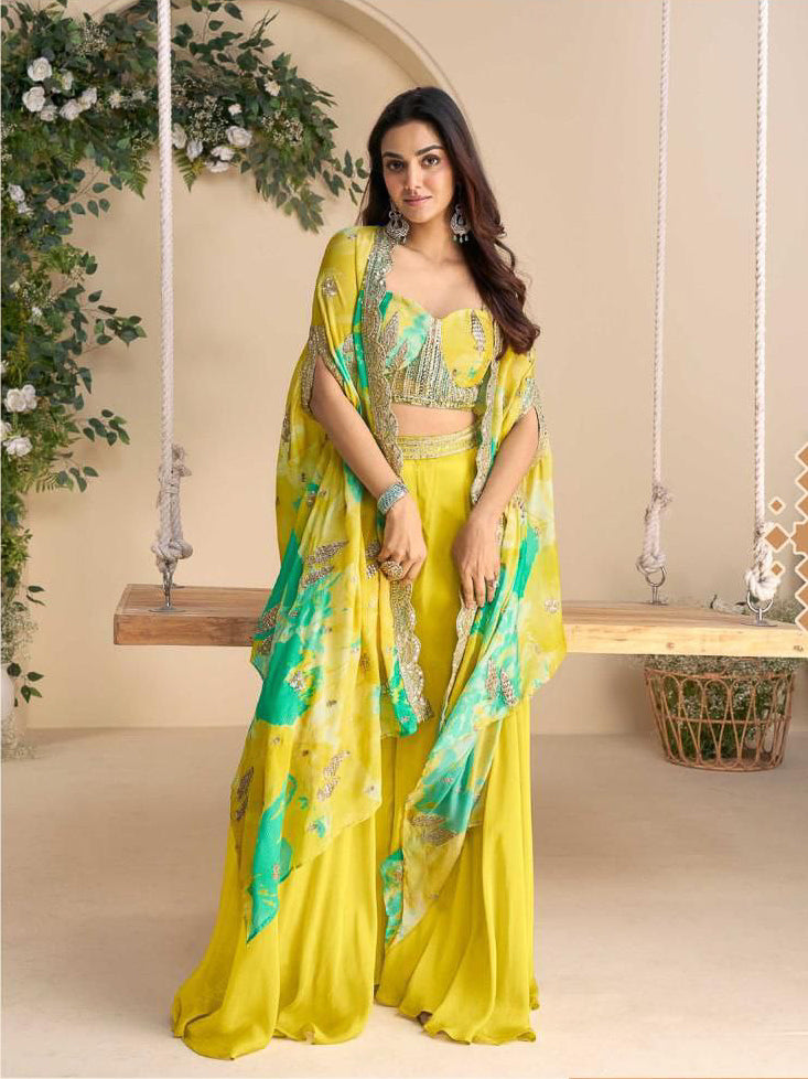 HAND AND BEEDS WORK EMBROIDERED BLOUSE WITH PLAZZO AND DUPATTA