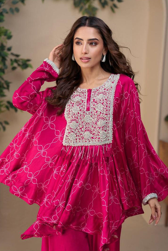 EMBROIDERED TOP WITH HAND EMBELLISHED WORK PONCHO STYLE  WITH PLAZZO