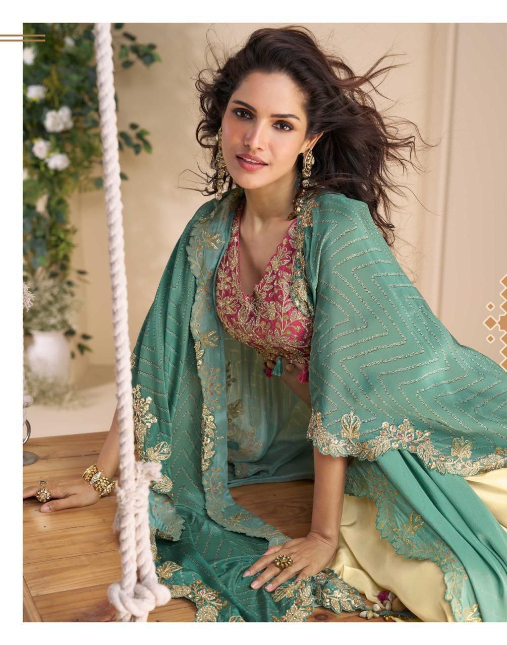 HAND AND BEEDS WORK EMBROIDERED BLOUSE WITH PLAZZO AND DUPATTA