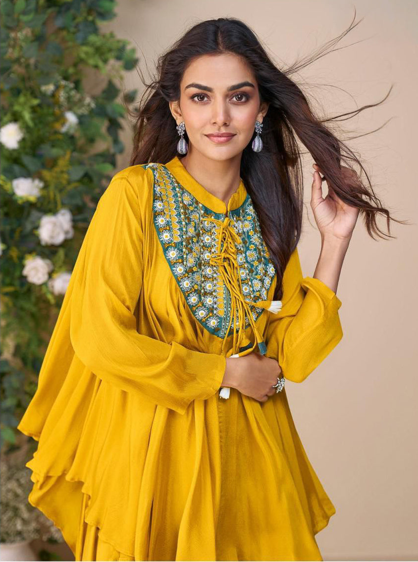 EMBROIDERED TOP WITH HAND EMBELLISHED WORK PONCHO STYLE  WITH PLAZZO